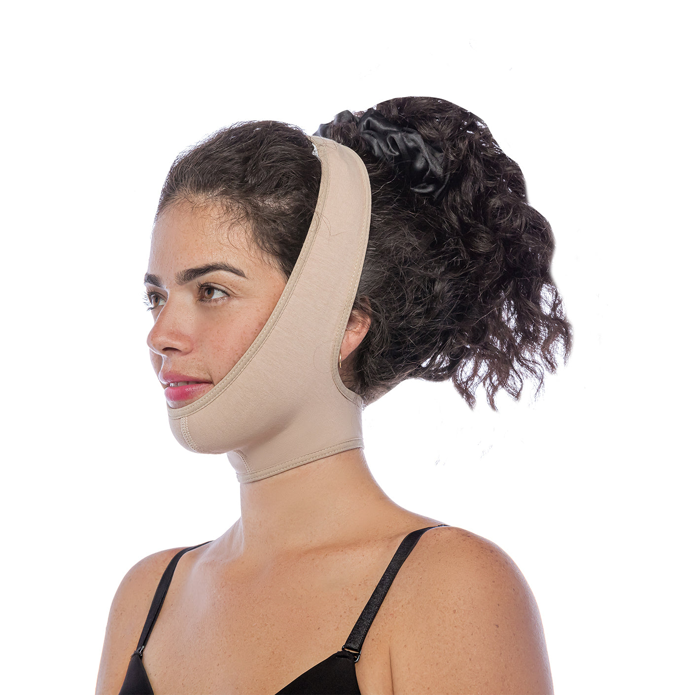 Fajas Salome 322 beige chin and neck compression garment side view, Colombian post-surgery faja for jaw recovery