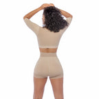 Fajas Salome 328 beige post-surgery compression crop top and shorts set, Colombian shapewear back view for women