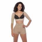 Fajas Salome 328 beige post-surgery arm shaper and boyshort set, Colombian shapewear compression garment front view