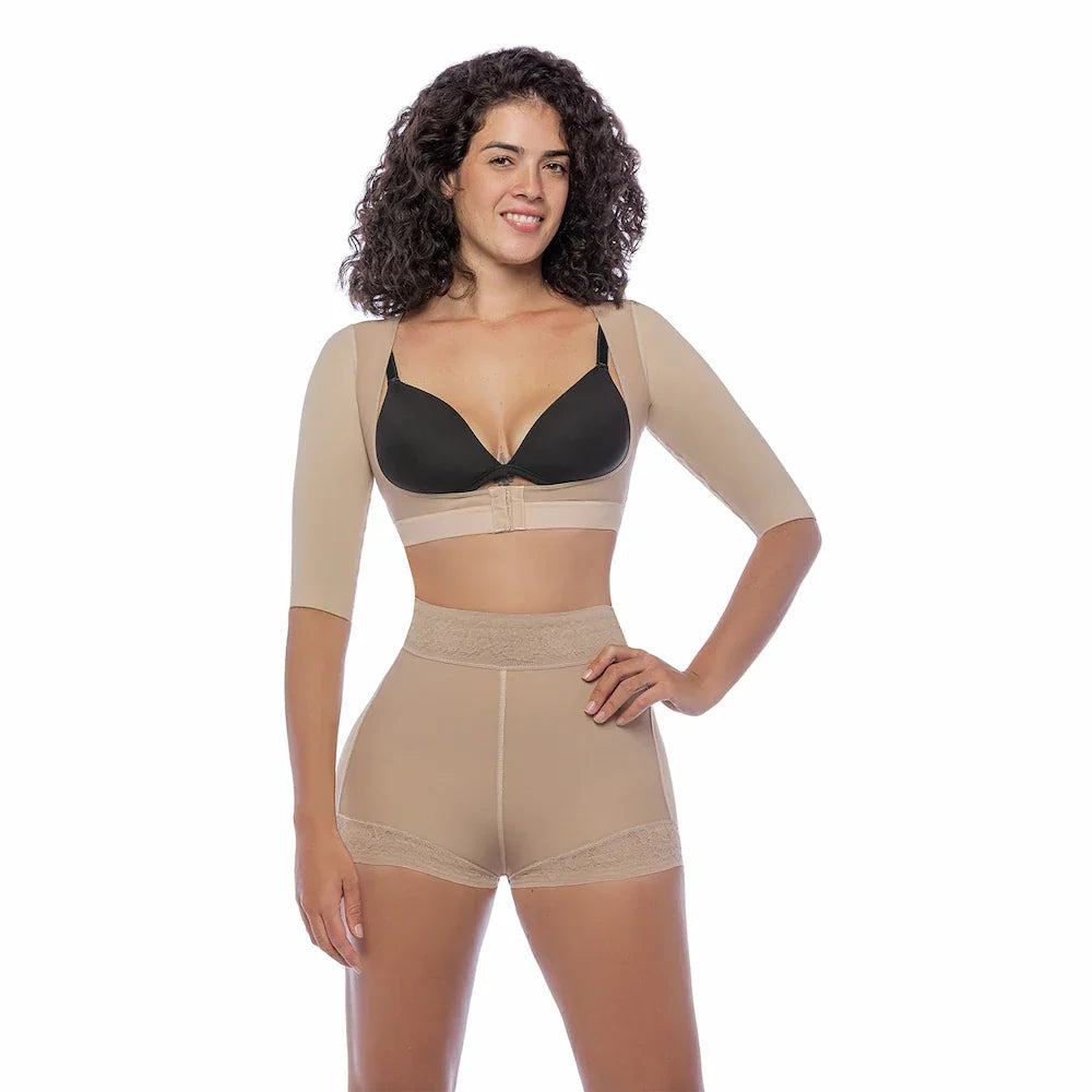 Fajas Salome 328 beige post-surgery arm shaper and boyshort set, Colombian shapewear compression garment front view