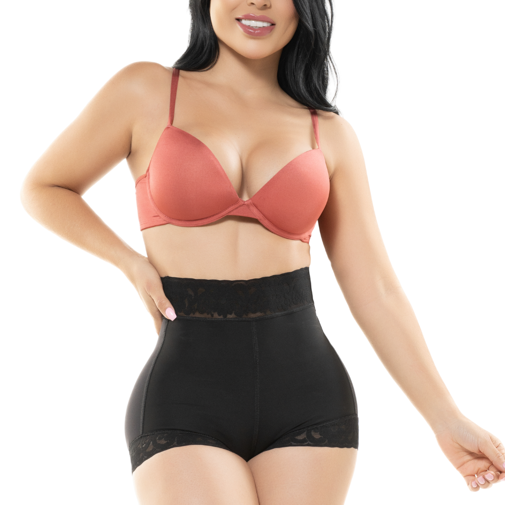 Fajas Salome J black high-waist lace-trim panty shaper with coral bra, daily Colombian shapewear body shaper front view