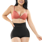 Fajas Salome J black high-waist lace-trim panty shaper with coral bra, daily Colombian shapewear body shaper front view