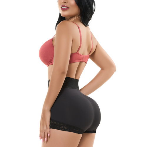 Fajas Salome black high-waist butt-lifting panty shaper with lace trim, Colombian shapewear daily body shaper side view