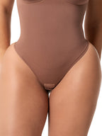 Fajas Salome 7001 cocoa brown thong bodysuit with snap closure, daily Colombian shapewear body shaper front view