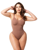 Fajas Salome 7001 mocha thong bodysuit with built-in bra, daily Colombian shapewear body shaper front view