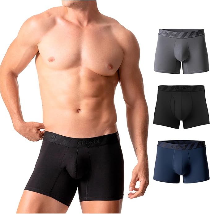 Geordi B2148 men's black boxer briefs 3-pack grey navy Colombian compression underwear front lifestyle view