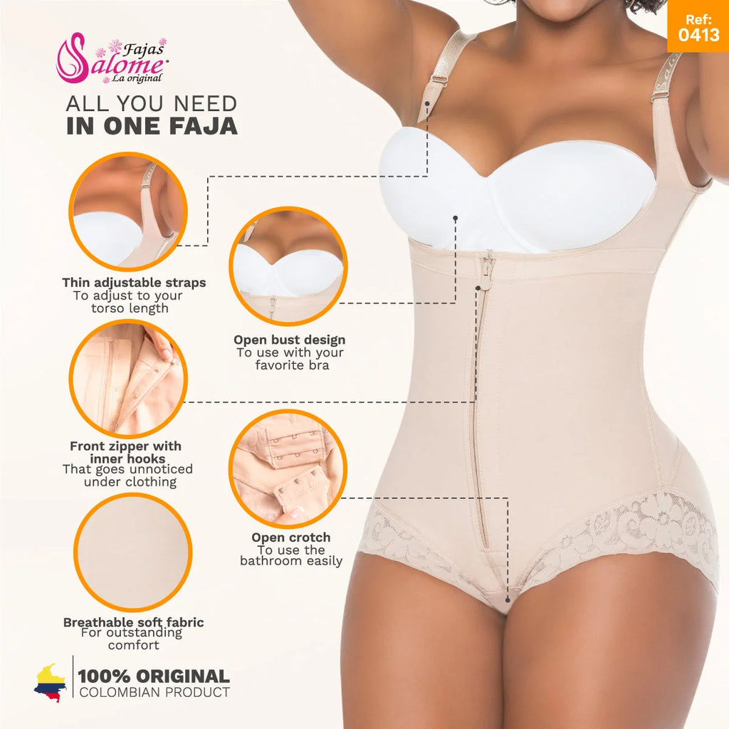 Fajas Salome 0413 beige open-bust body shaper with front zipper and lace trim, daily Colombian shapewear for women