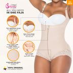 Fajas Salome 0413 beige open-bust body shaper with front zipper and lace trim, daily Colombian shapewear for women