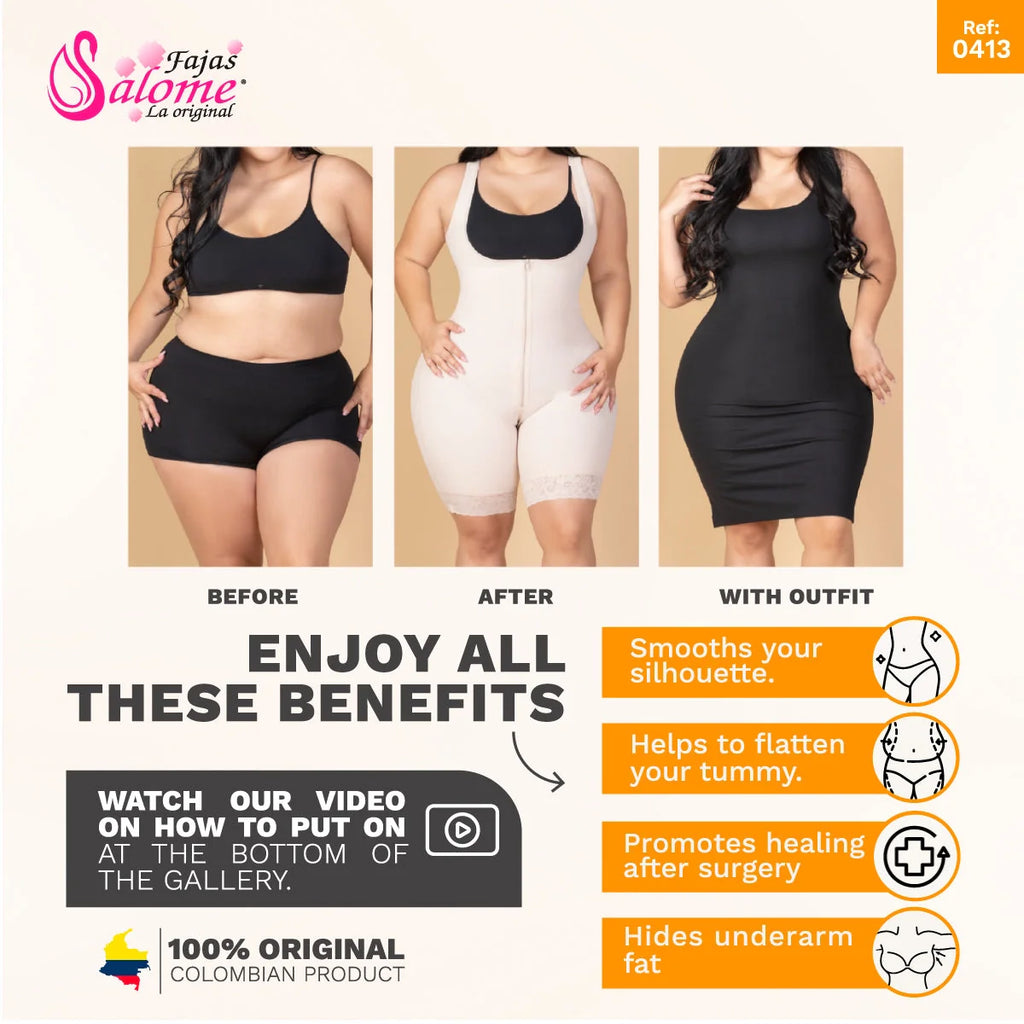Fajas Salome 0413 beige open-bust Colombian shapewear before after comparison, post-surgery body shaper with zipper closure f