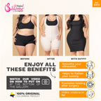 Fajas Salome 0413 beige open-bust Colombian shapewear before after comparison, post-surgery body shaper with zipper closure f