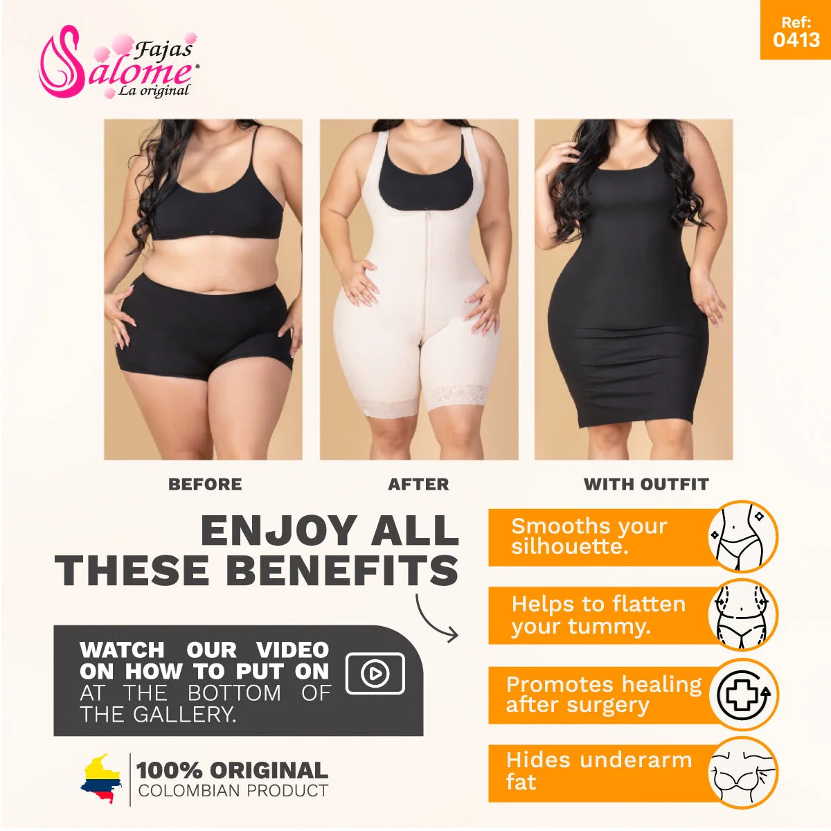 Fajas Salome 0413 beige open-bust Colombian shapewear before after comparison, post-surgery body shaper with zipper closure f