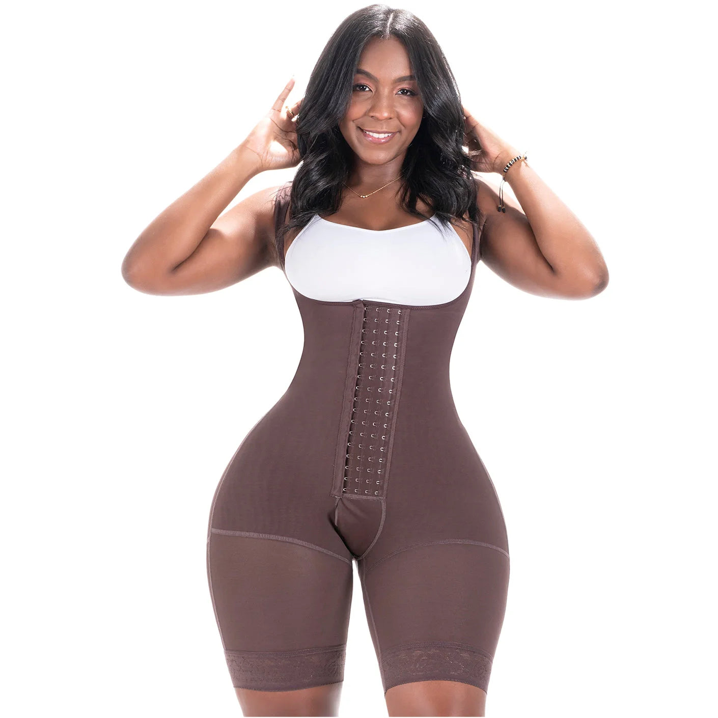 Bling Shapers BLI-098BF chocolate open-bust faja colombiana with hook closure, daily body shaper shorts front view