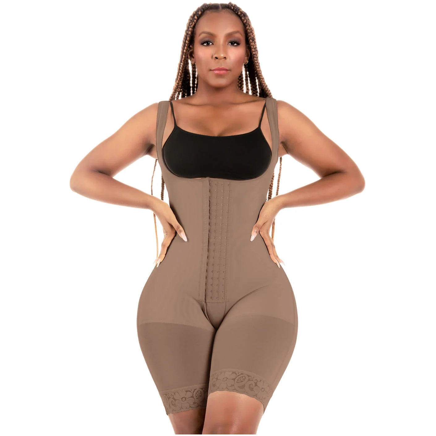 Bling Shapers BLI-098BF mocha open-bust faja colombiana with hook closure and lace hem, daily body shaper front view
