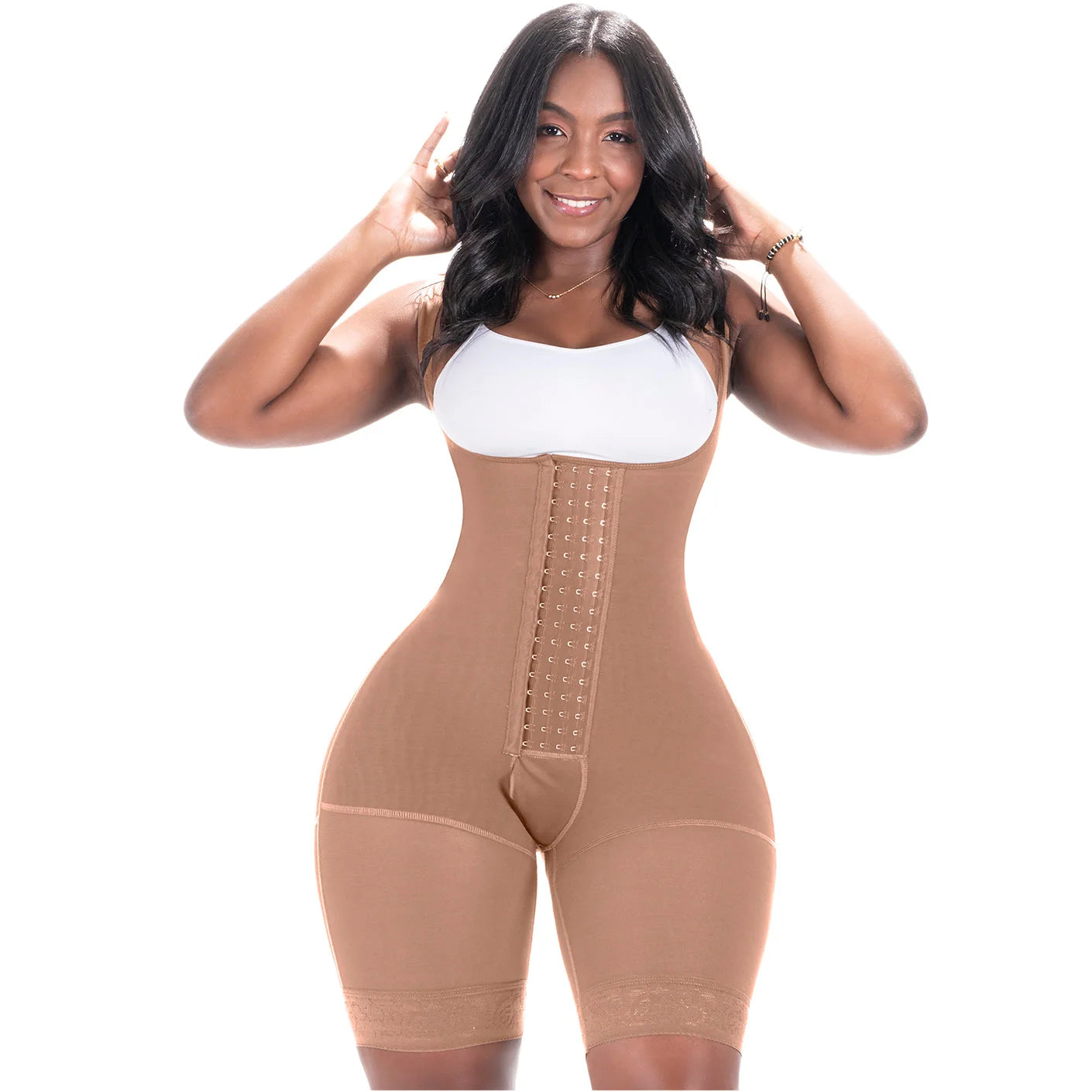 Bling Shapers BLI-098BF beige open-bust faja colombiana with hook closure, daily body shaper shorts front view