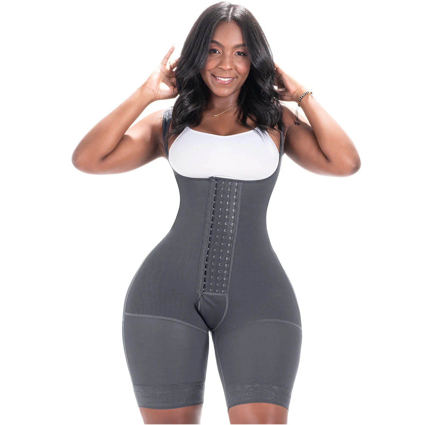 Bling Shapers BLI-098BF gray open-bust faja colombiana with hook closure, daily body shaper shorts front view