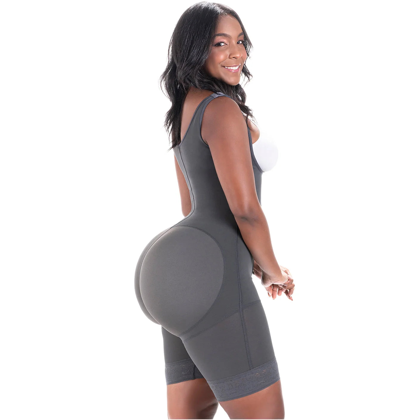 Bling Shapers BLI-098BF gray open-bust bodysuit faja colombiana with butt-lifting design, daily Colombian shapewear side view