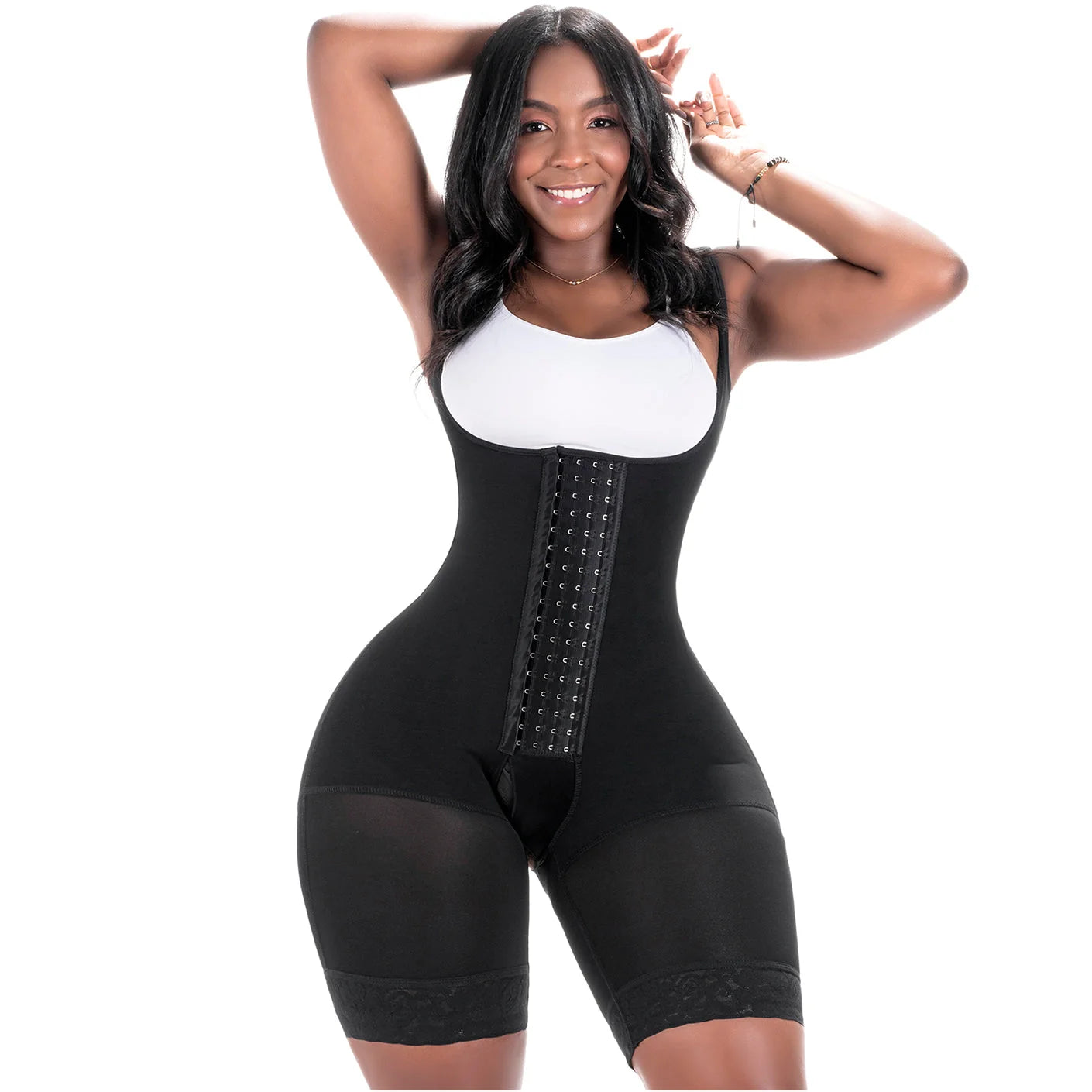 Bling Shapers BLI-098BF black open-bust faja colombiana with hook closure, daily body shaper shorts front view