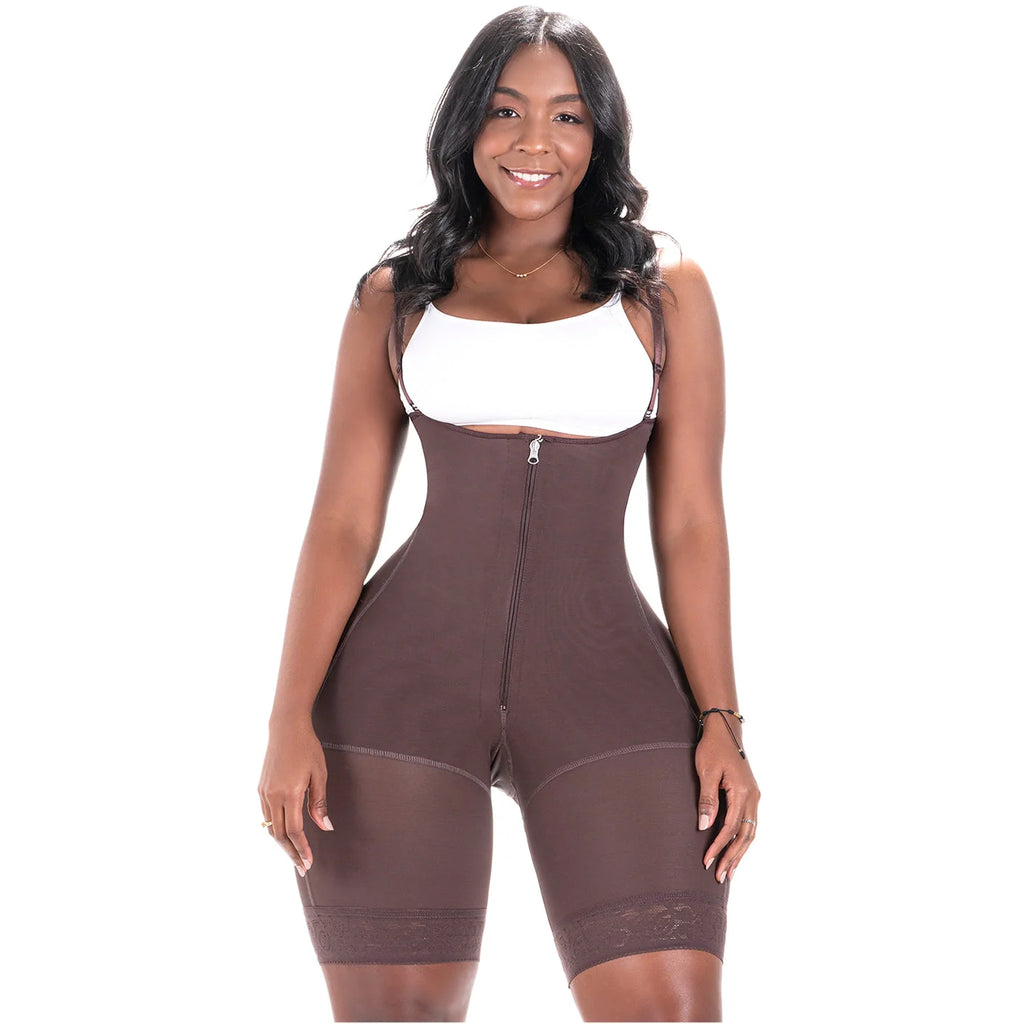 Bling Shapers BLI-099ZF chocolate brown faja colombiana bodysuit with zipper closure and adjustable straps front view