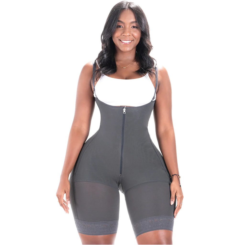 Bling Shapers BLI-099ZF charcoal full-body faja colombiana with front zipper and lace hem, women's Colombian shapewear bodysu