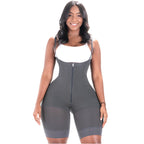 Bling Shapers BLI-099ZF charcoal full-body faja colombiana with front zipper and lace hem, women's Colombian shapewear bodysu