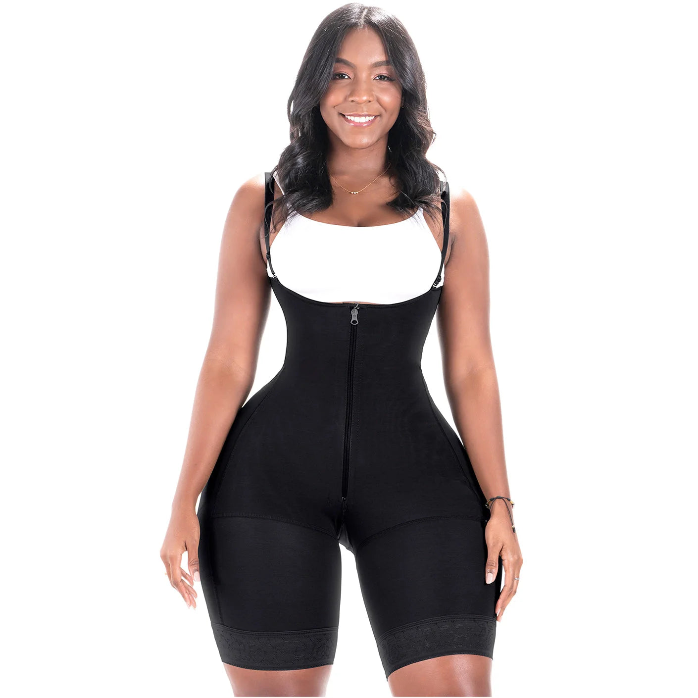 Bling Shapers BLI-099ZF black full-body faja colombiana with front zipper and adjustable straps, Colombian shapewear bodysuit
