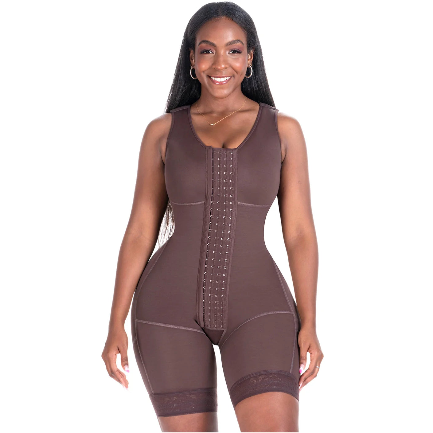 Bling Shapers BLI-553BF chocolate brown BBL faja colombiana with hook closure, post-surgery full body shaper front view