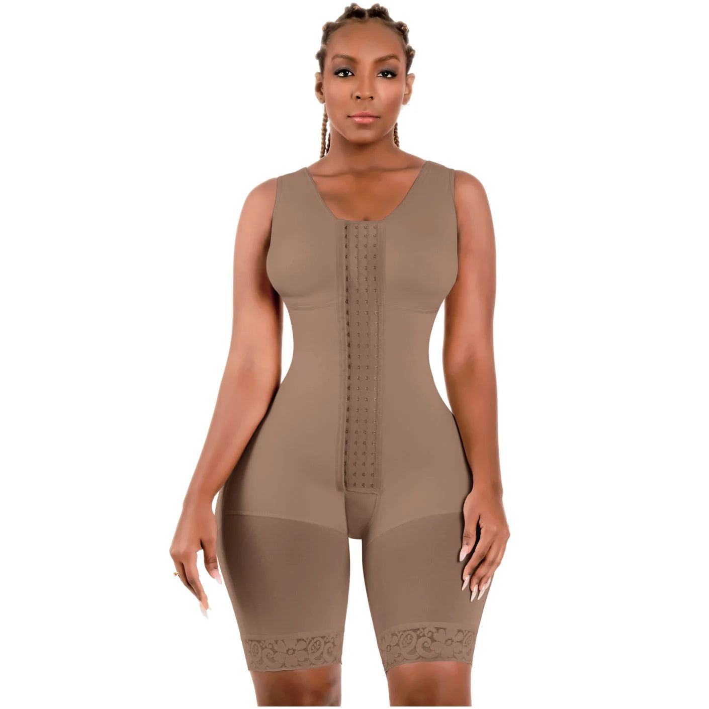 Bling Shapers BLI-553BF mocha full-body BBL faja colombiana with hook closure and lace hem, post-surgery compression garment