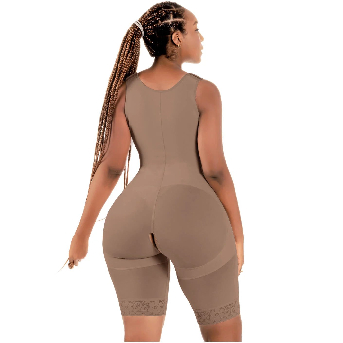 Bling Shapers BLI-553BF mocha BBL faja colombiana bodysuit with lace hem, post-surgery Colombian shapewear back view