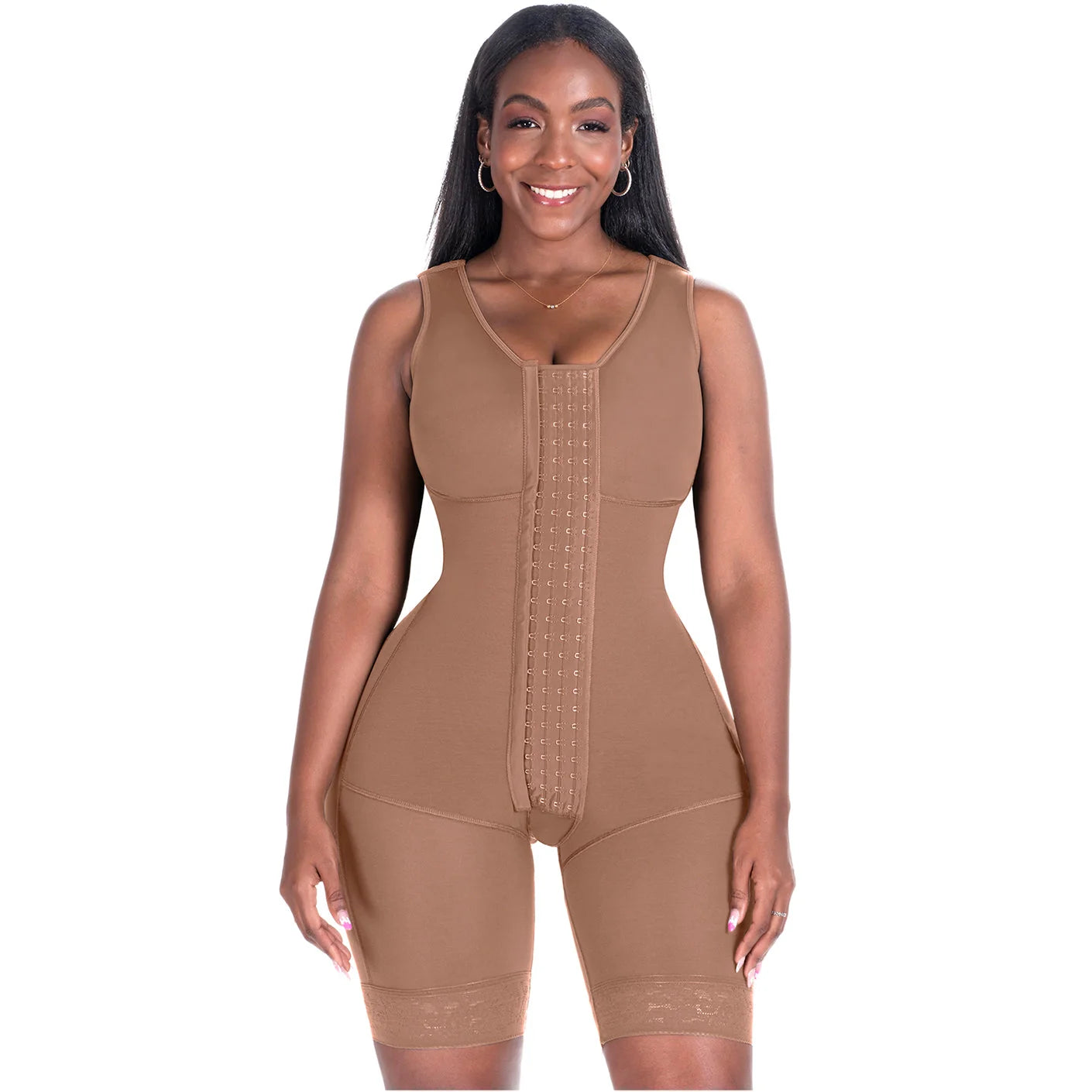 Bling Shapers BLI-553BF brown full-body BBL faja colombiana with hook closure, post-surgery Colombian shapewear front view