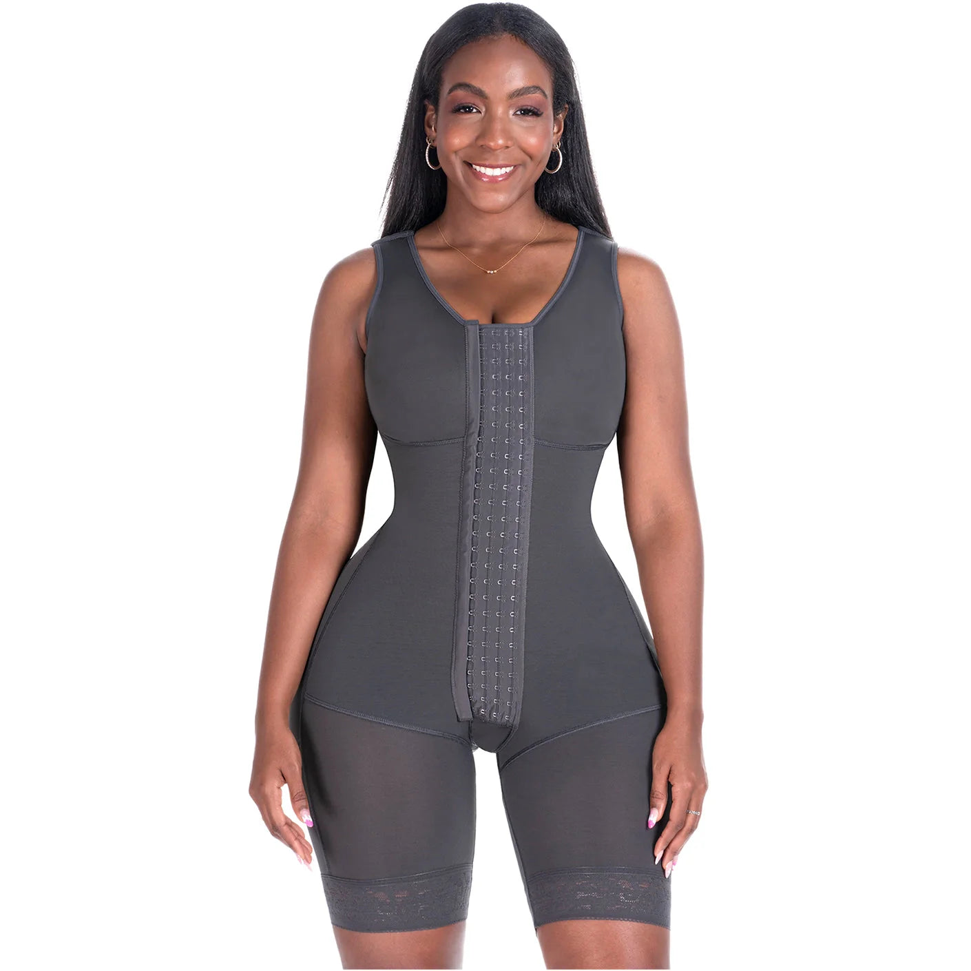 Bling Shapers BLI-553BF charcoal full-body post-surgery faja with hook closure, Colombian shapewear BBL recovery front view