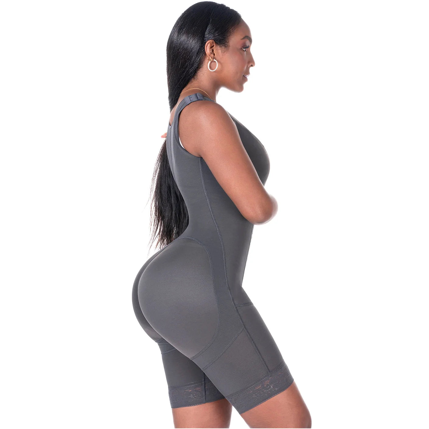 Bling Shapers BLI-553BF gray BBL post-surgery faja colombiana with lace hem, full-body compression garment side view