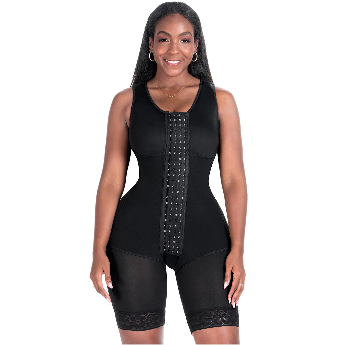 Bling Shapers BLI-553BF black full-body post-surgery faja colombiana with hook closure, BBL recovery Colombian shapewear fron