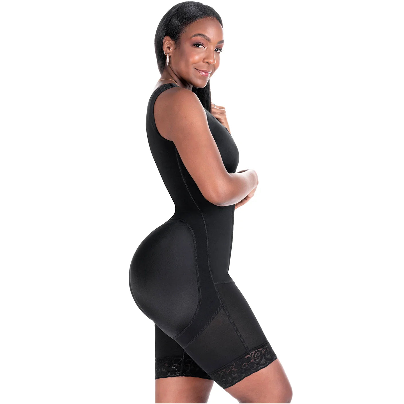 Bling Shapers BLI-553BF black BBL post-surgery faja colombiana bodysuit with lace trim, side view Colombian shapewear