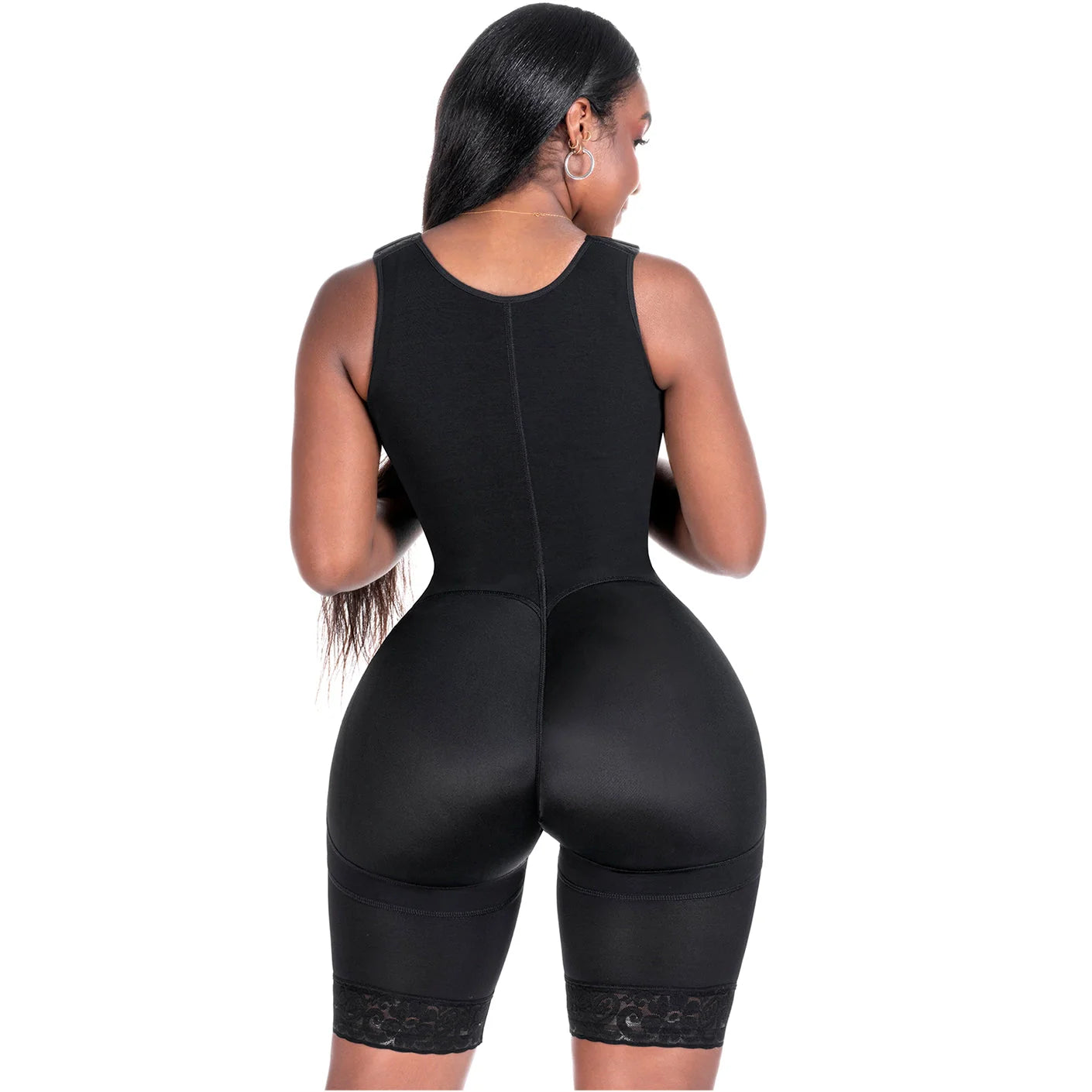 Bling Shapers BLI-553BF black BBL post-surgery faja colombiana with lace hem, full-body Colombian shapewear back view