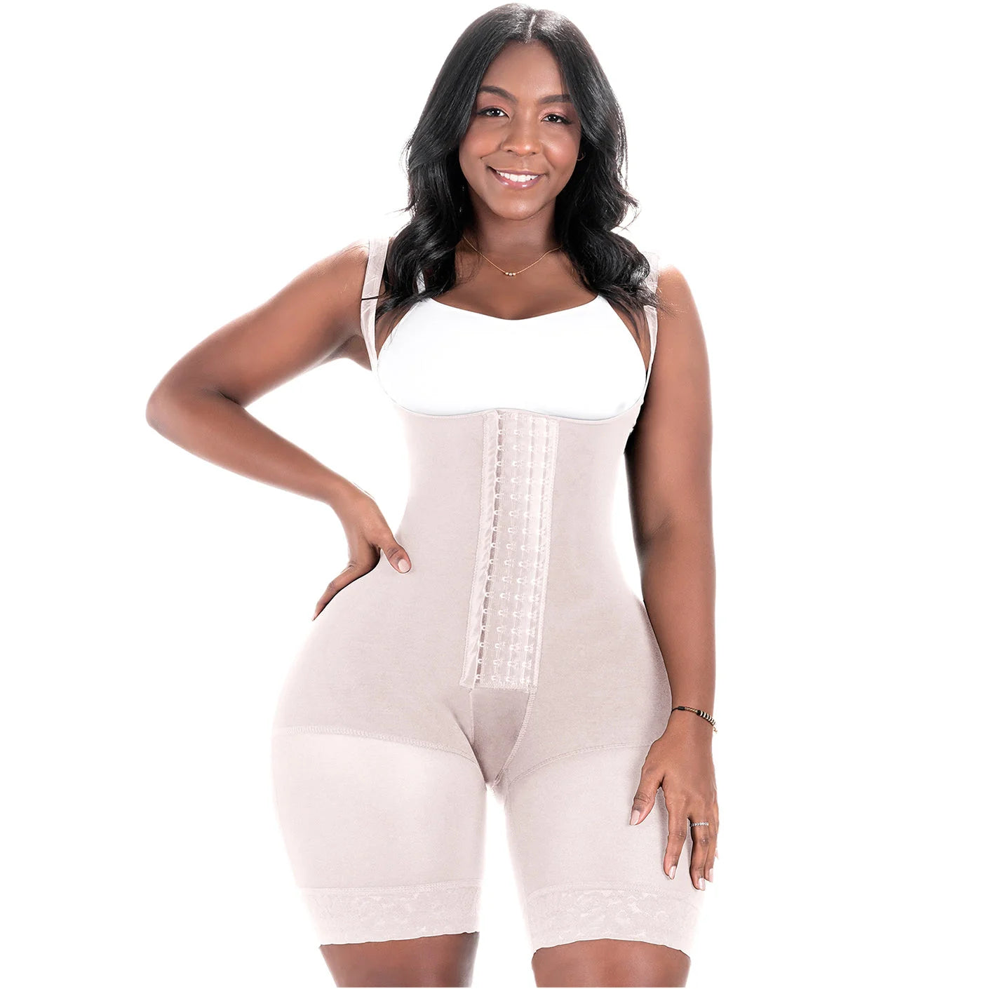 Bling Shapers BLI-573BF beige open-bust faja colombiana with hook closure, daily Colombian shapewear bodysuit front view