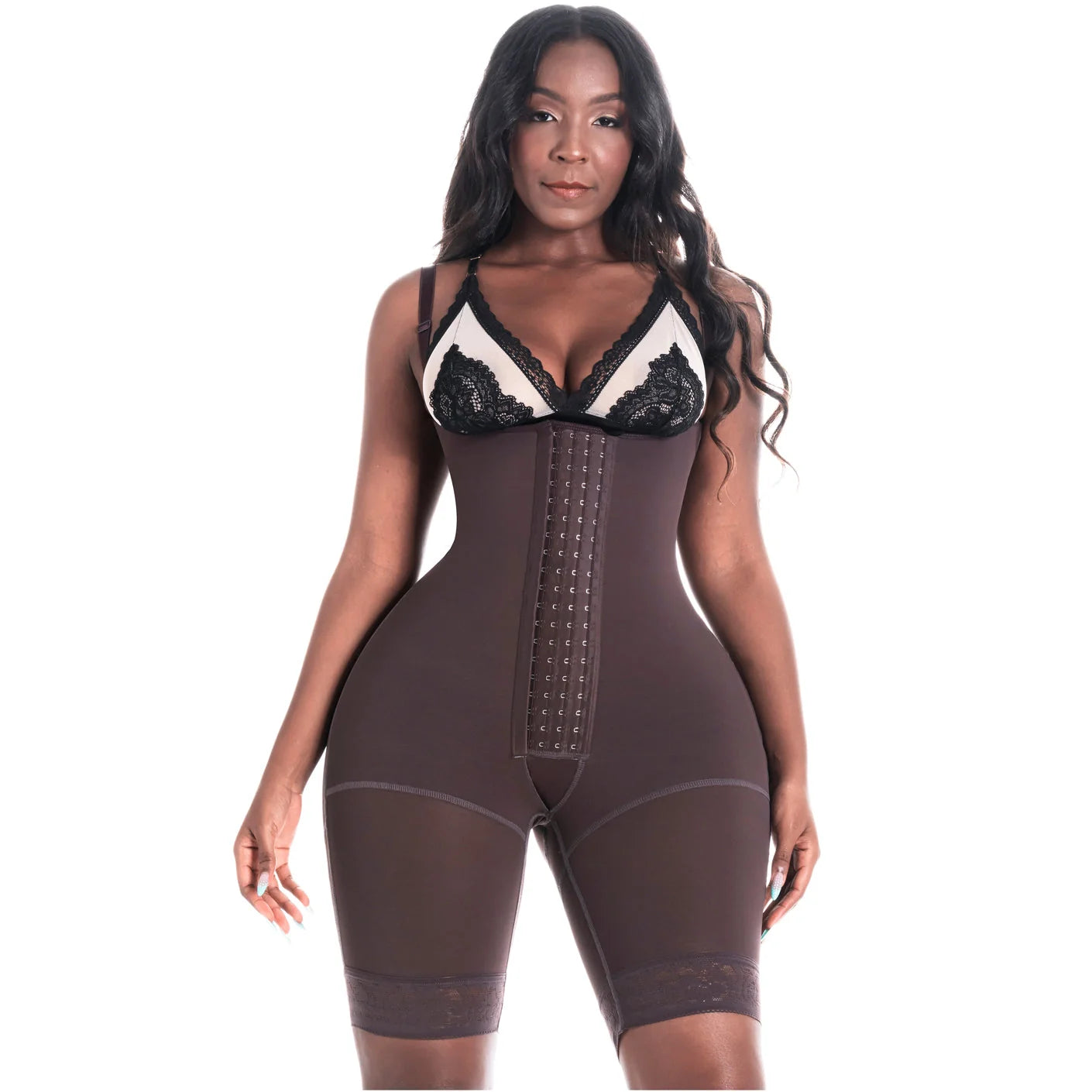 Bling Shapers BLI-573BF chocolate open-bust faja colombiana with hook closure, daily body shaper shorts front view