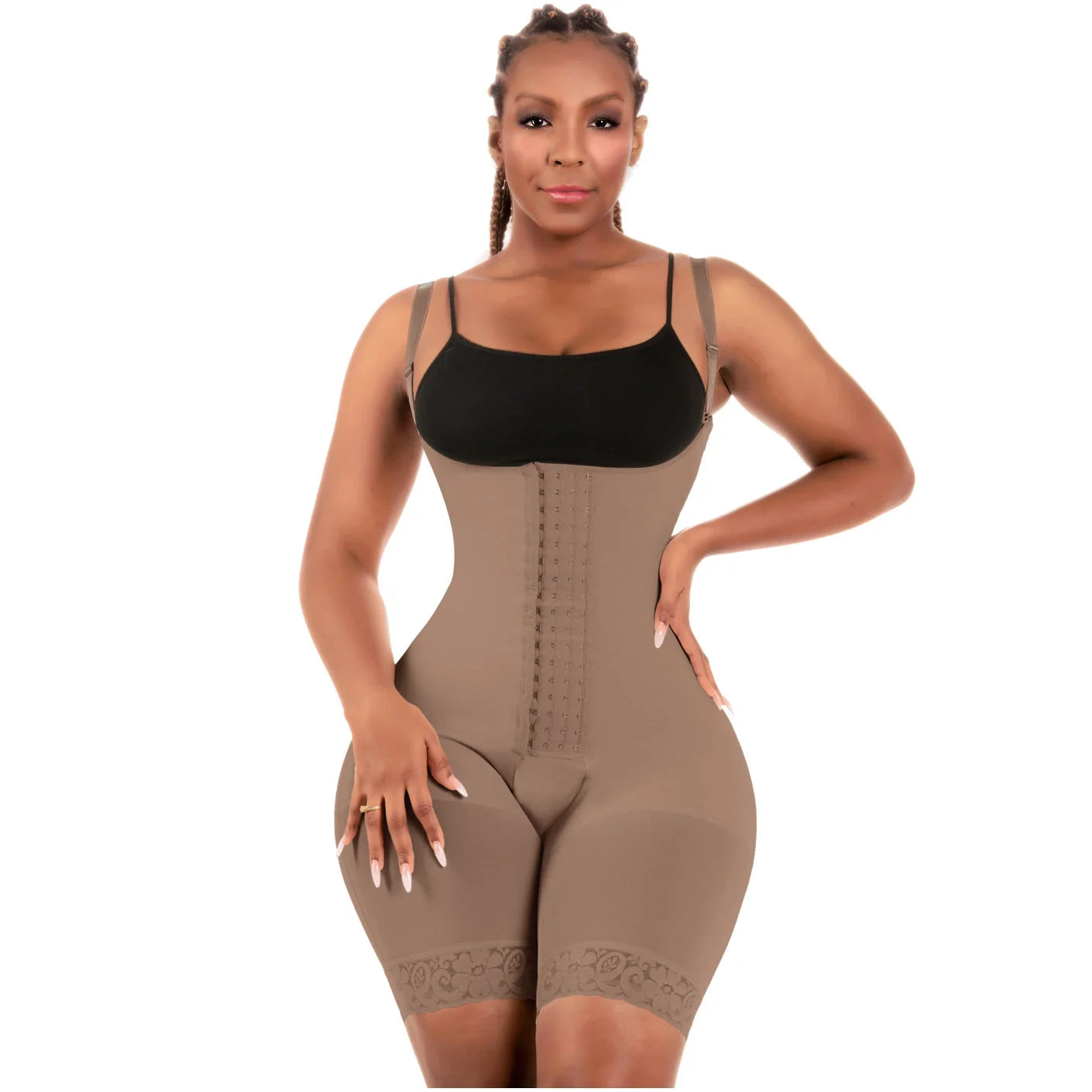 Bling Shapers BLI-573BF mocha open-bust faja colombiana with hook closure and lace hem, daily body shaper front view