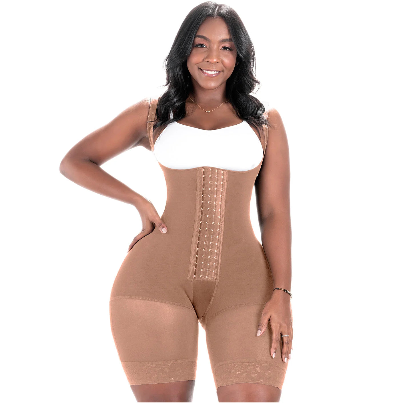 Bling Shapers BLI-573BF nude open-bust faja colombiana with hook closure, daily body shaper shorts front view