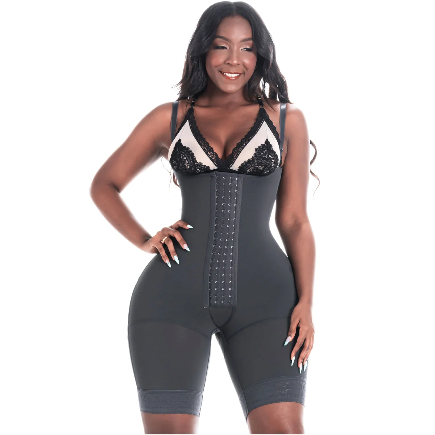 Bling Shapers BLI-573BF black open-bust full body shaper with hook closure, daily Colombian shapewear faja front view