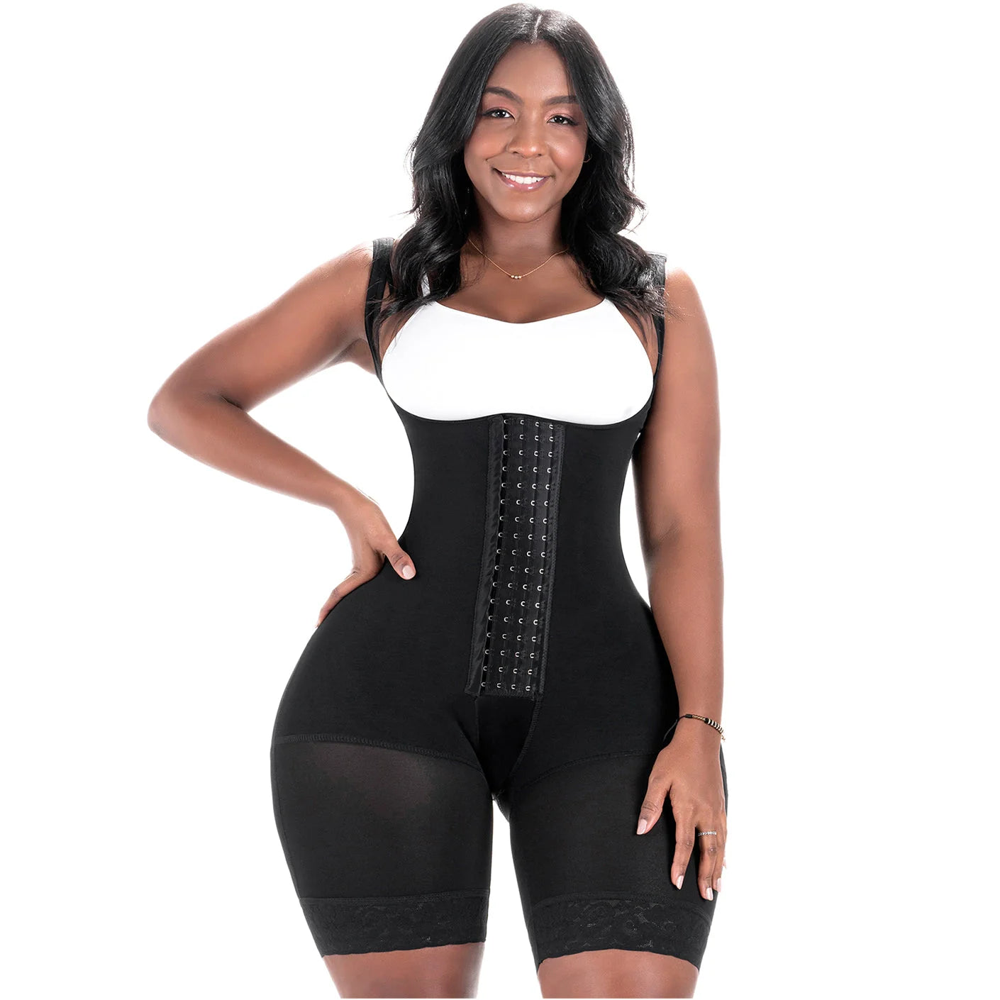Bling Shapers BLI-573BF black open-bust faja colombiana with hook closure, daily body shaper bodysuit front view