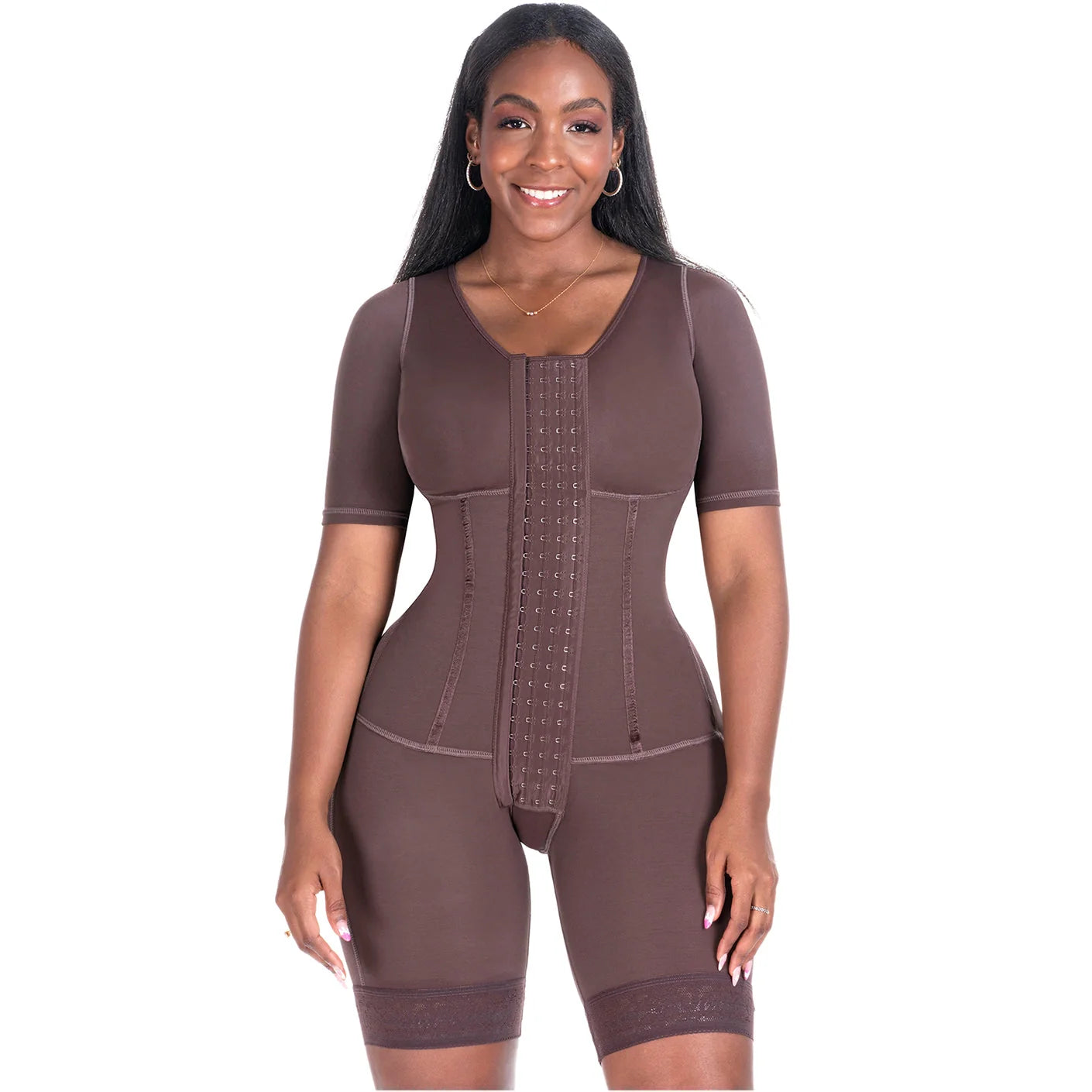 Bling Shapers BLI-938BF brown BBL post-surgery faja colombiana with sleeves and hook closure front view
