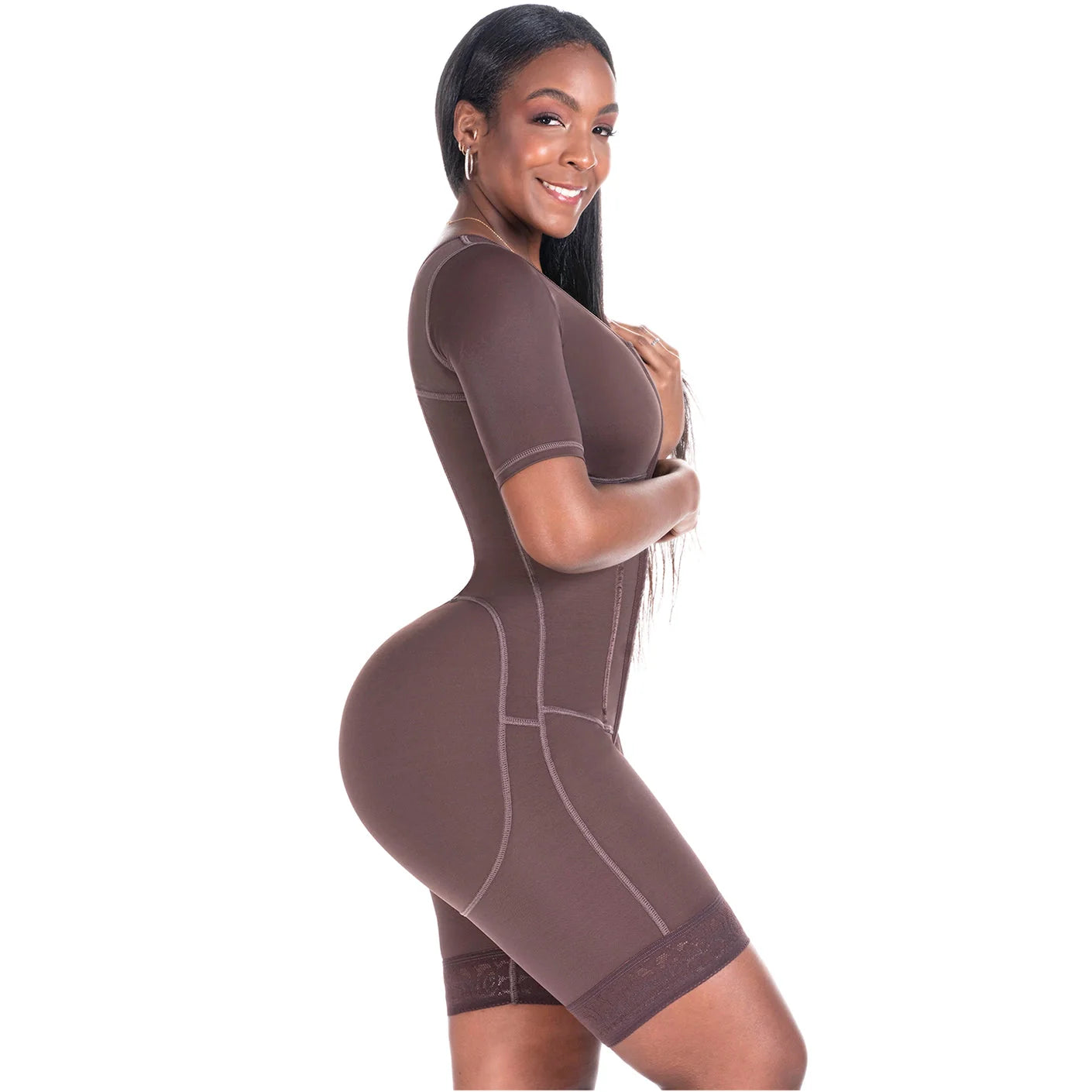 Bling Shapers BLI-938BF brown BBL post-surgery faja colombiana with short sleeves and lace hem, side view