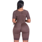 Bling Shapers BLI-938BF chocolate brown BBL post-surgery faja colombiana with short sleeves and lace trim back view