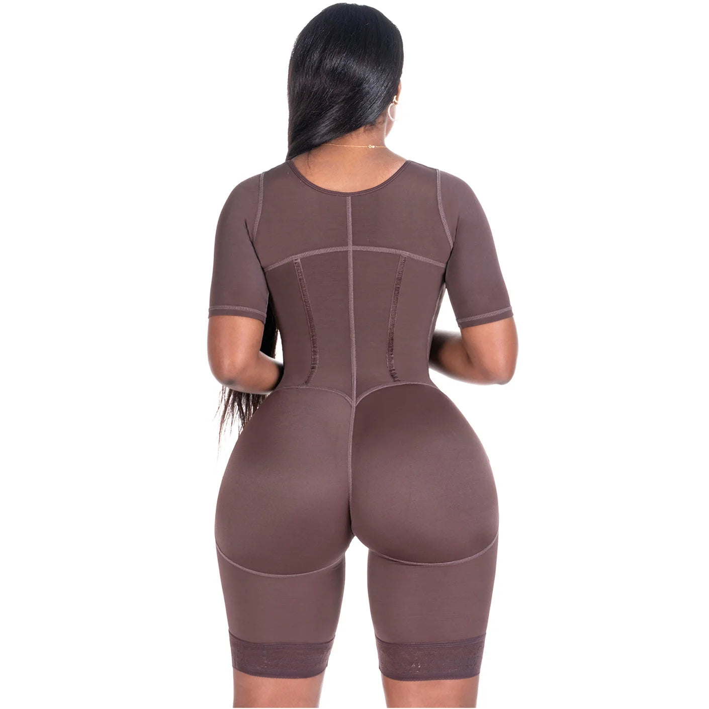 Bling Shapers BLI-938BF chocolate brown BBL post-surgery faja colombiana with short sleeves and lace trim back view