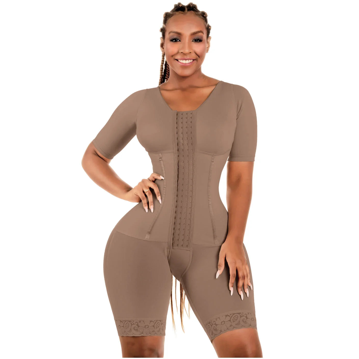 Bling Shapers BLI-938BF mocha full-body post-surgery faja colombiana with short sleeves and hook closure front view