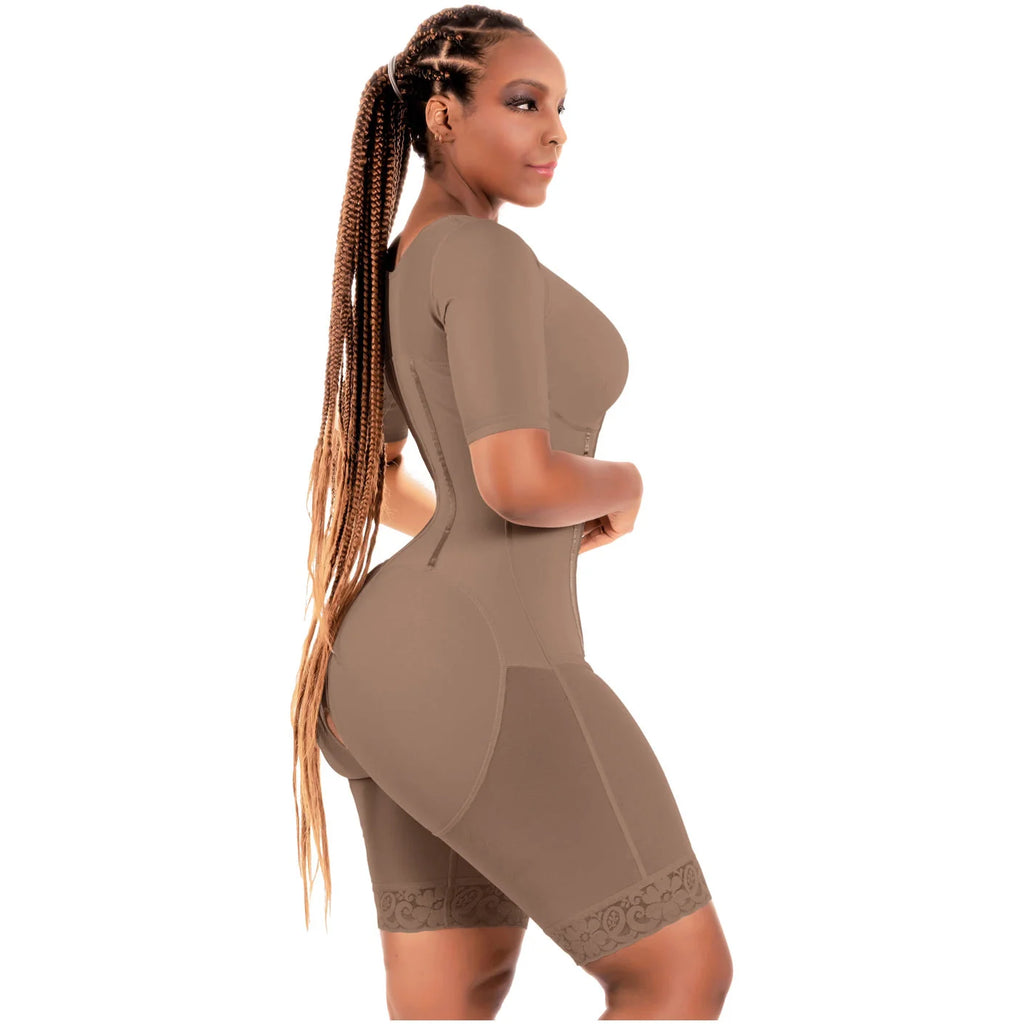 Bling Shapers BLI-938BF mocha BBL post-surgery faja colombiana with lace hem and short sleeves, full-body compression garment