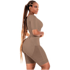 Bling Shapers BLI-938BF mocha BBL post-surgery faja colombiana with lace hem and short sleeves, full-body compression garment