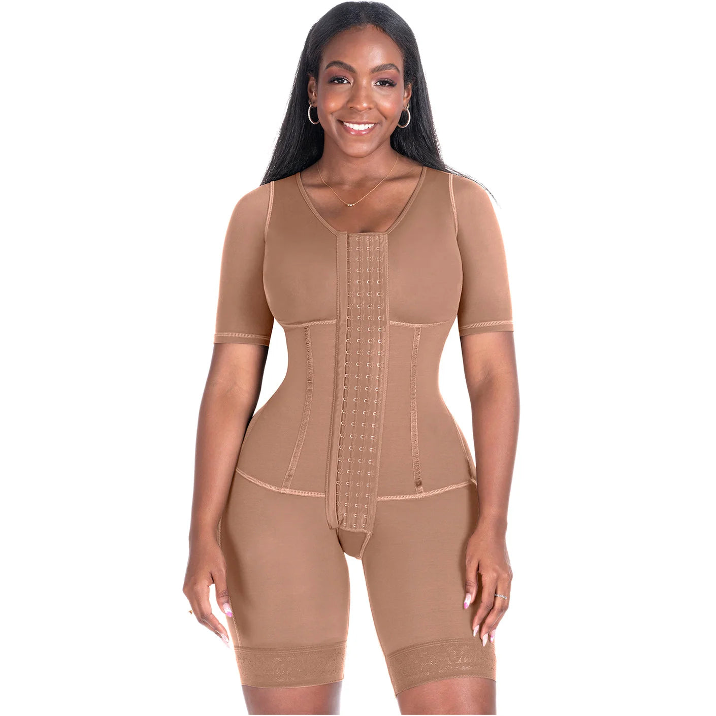 Bling Shapers BLI-938BF mocha full-body BBL faja colombiana with hook closure and short sleeves, post-surgery Colombian shape