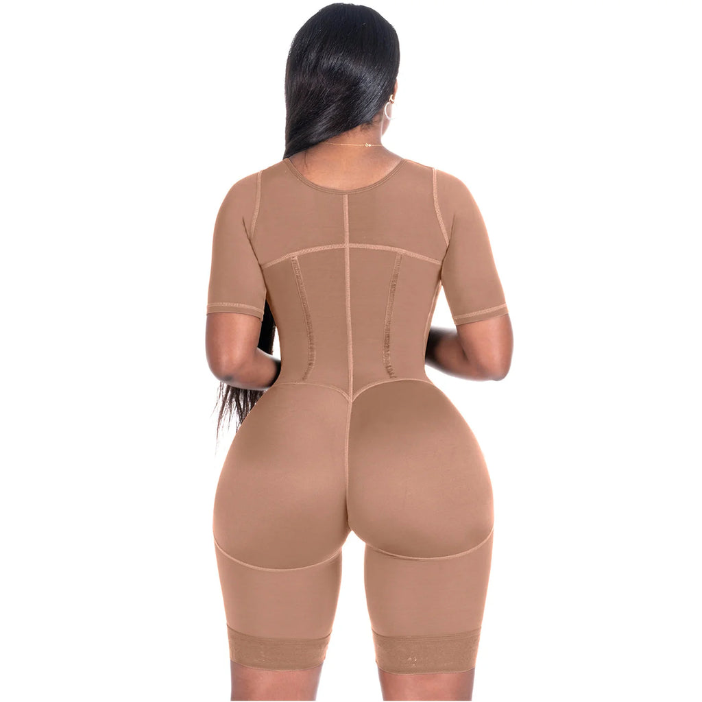 Bling Shapers BLI-938BF mocha BBL post-surgery faja colombiana with short sleeves and open-butt design, back view