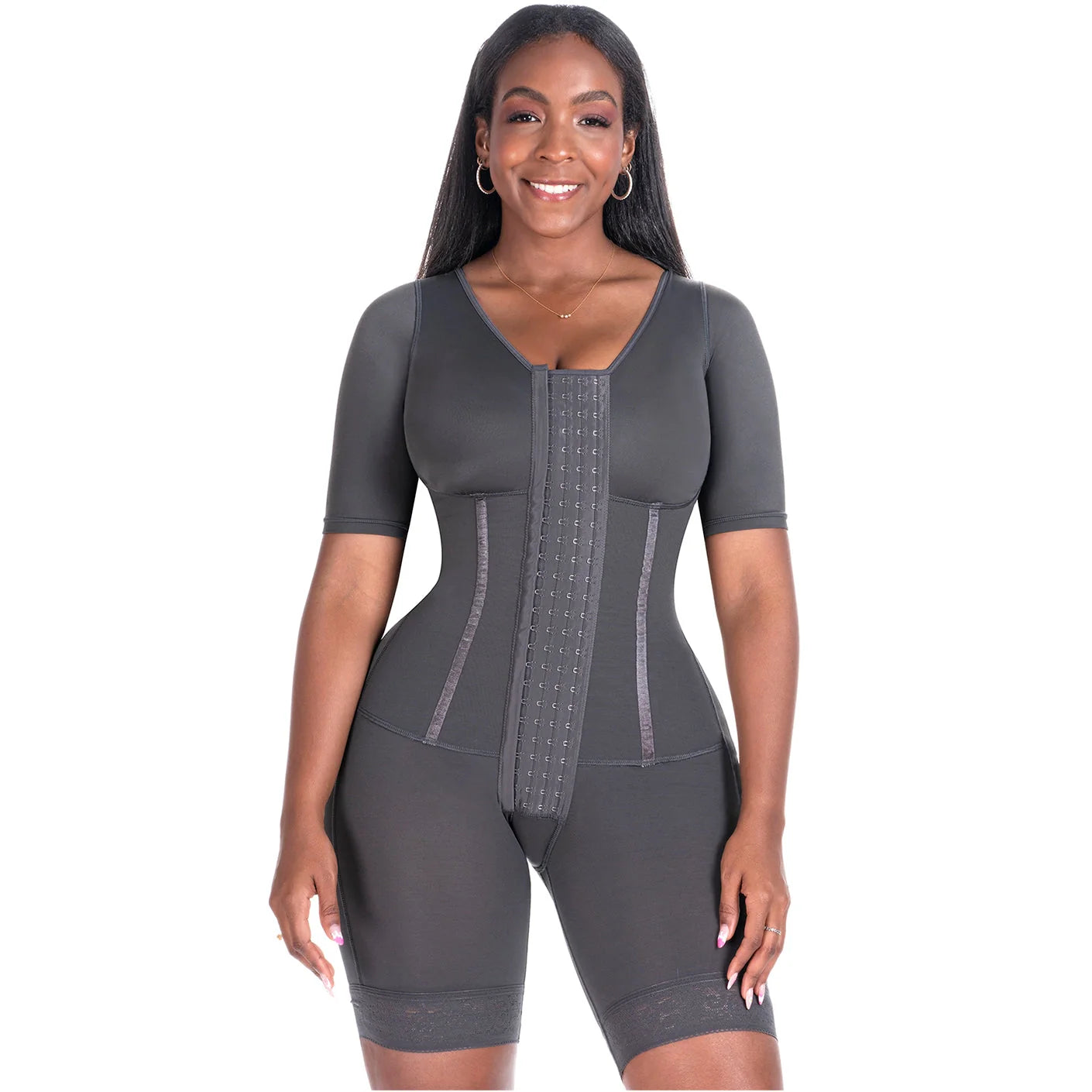 Bling Shapers BLI-938BF black full-body post-surgery faja with hook closure and sleeves, Colombian shapewear BBL recovery fro